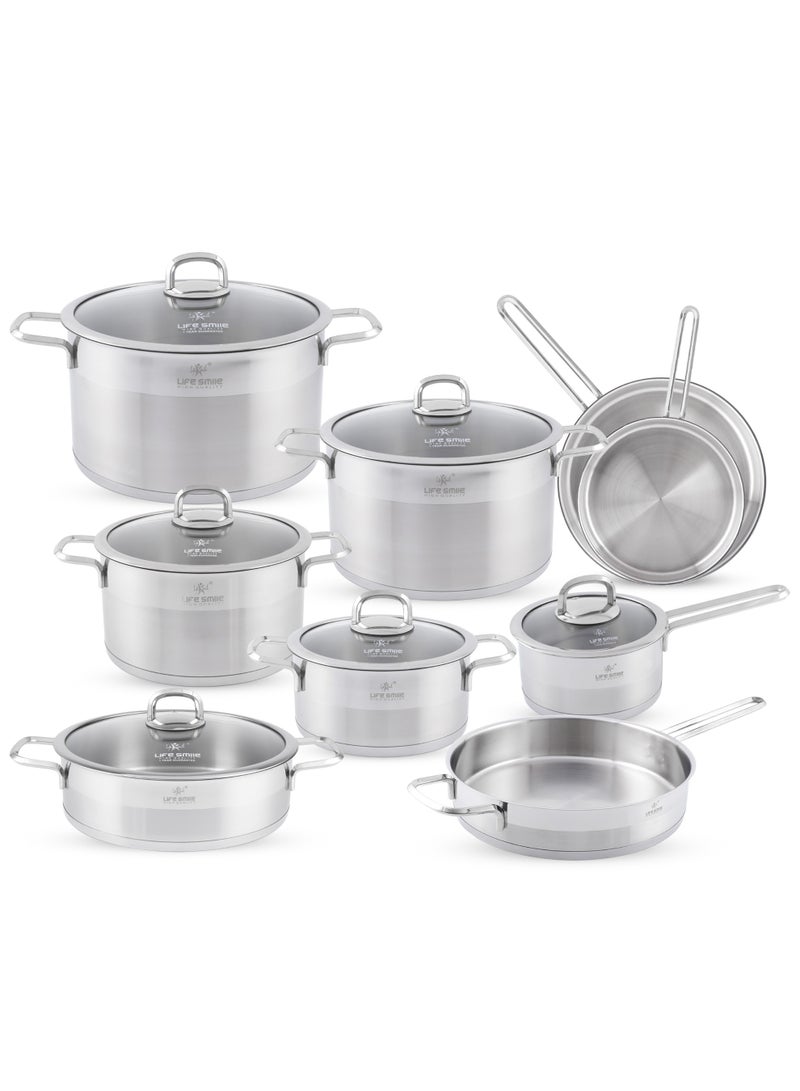 LIFE SMILE 15-Pcs Stainless Steel Cookware Set - 18/10 Premium Stainless Steel Pots and Pans Set - Cooking Pots Set  - Steel Cookware Set includes 20/24/28/32cm Soup Pots with lid ,28 cm Shallow pots with Lid ,20/24/28 cm Fry Pan and 16 cm Saucepan-Oven Safe Cookwares - Image 1